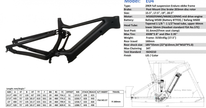 Plein cadre adapté aux besoins du client de vélo de carbone de suspension de MTB pour le mi moteur d'entraînement de 250W Bafang 7